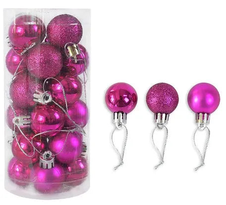 Shiny matte Christmas baubles in various colours showing 3cm diameter plastic electroplated decorations