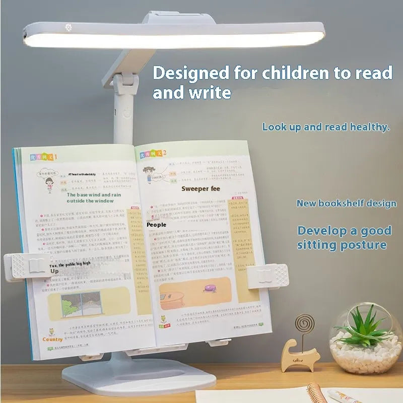 Adjustable desk lamp with integrated bookshelf showing three colour temperature settings and USB charging port