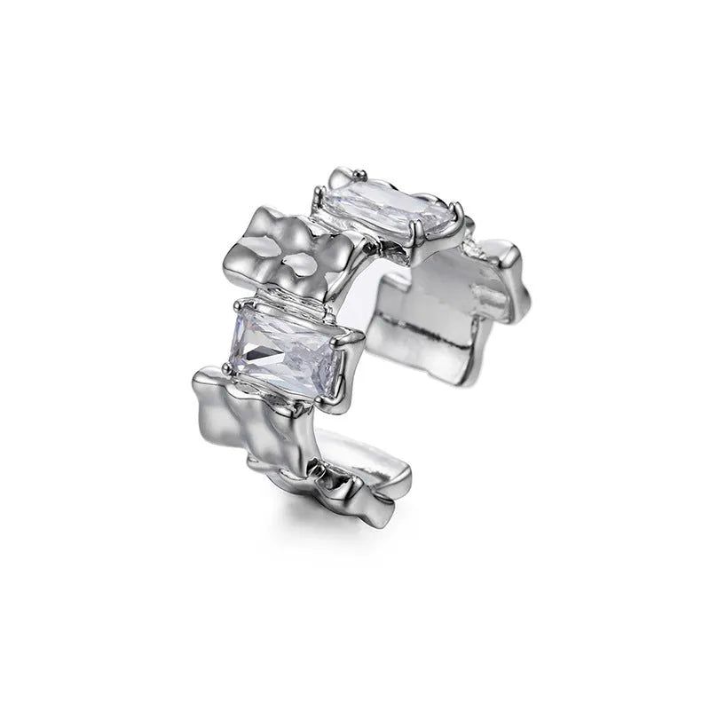 Silver geometric cross zircon ring with open gemstone design and three-dimensional decoration
