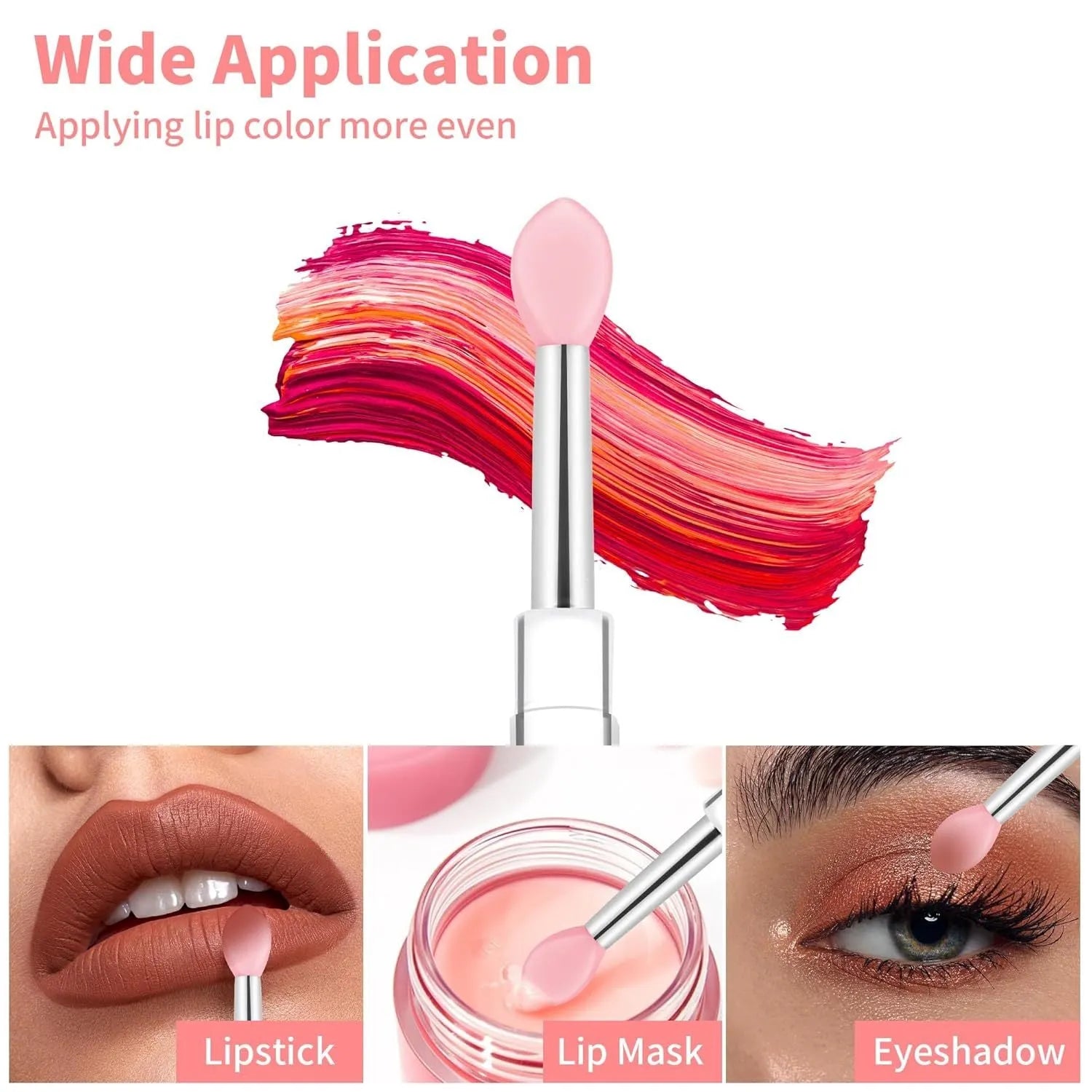 Set of reusable silicone lip brushes with protective caps in eight different colours: blue, pink, purple, red, rose red, skin colour, white, and yellow.