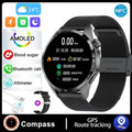 Black smartwatch with Bluetooth calling on a silicone strap, showing a TFT display with health metrics.
