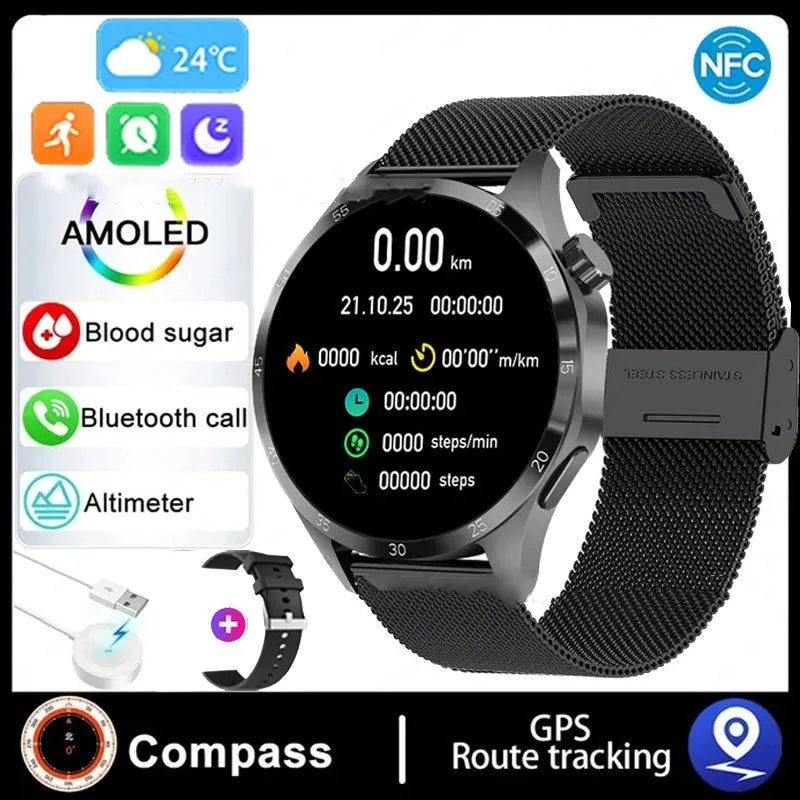 Black smartwatch with Bluetooth calling on a silicone strap, showing a TFT display with health metrics.