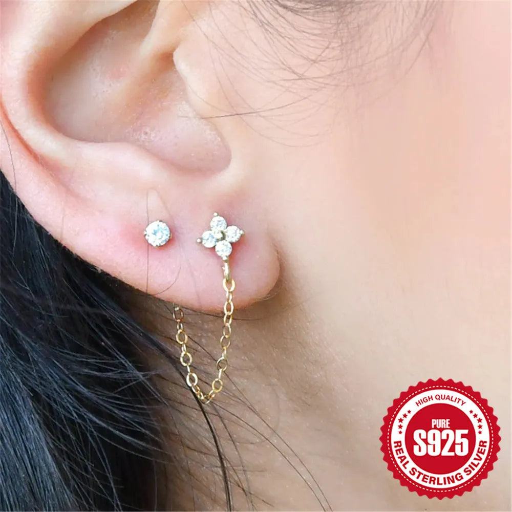 S925 sterling silver geometric ear clip stud earrings with flower and tassel elements in gold electroplated finish
