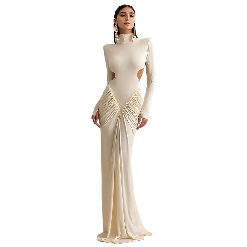 Women's backless pleated dress with high collar and long sleeves in slim fit Asian sizing