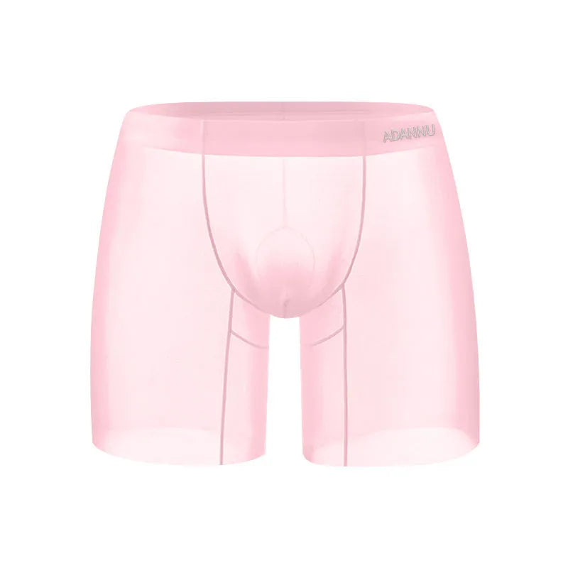 Men's solid colour ice silk boxers in low-waist design showing orange, pink and red options