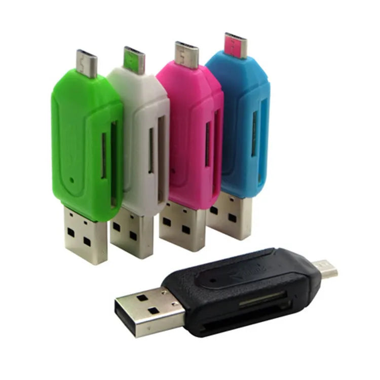 White OTG card reader with micro USB plug for Android phones and computers, showing SD and TF card slots.