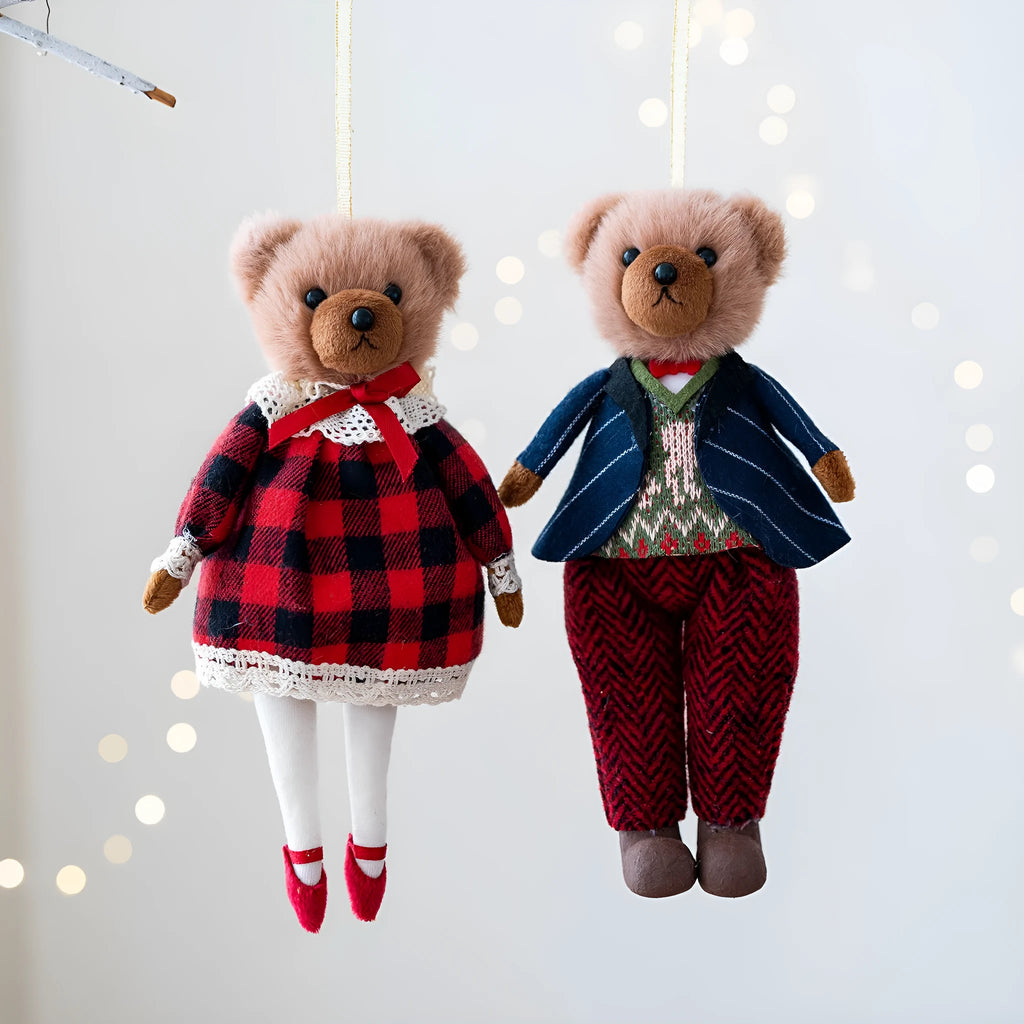Cartoon plush bear doll couple in cotton plaid suits, showing gentleman bear and princess bear side by side