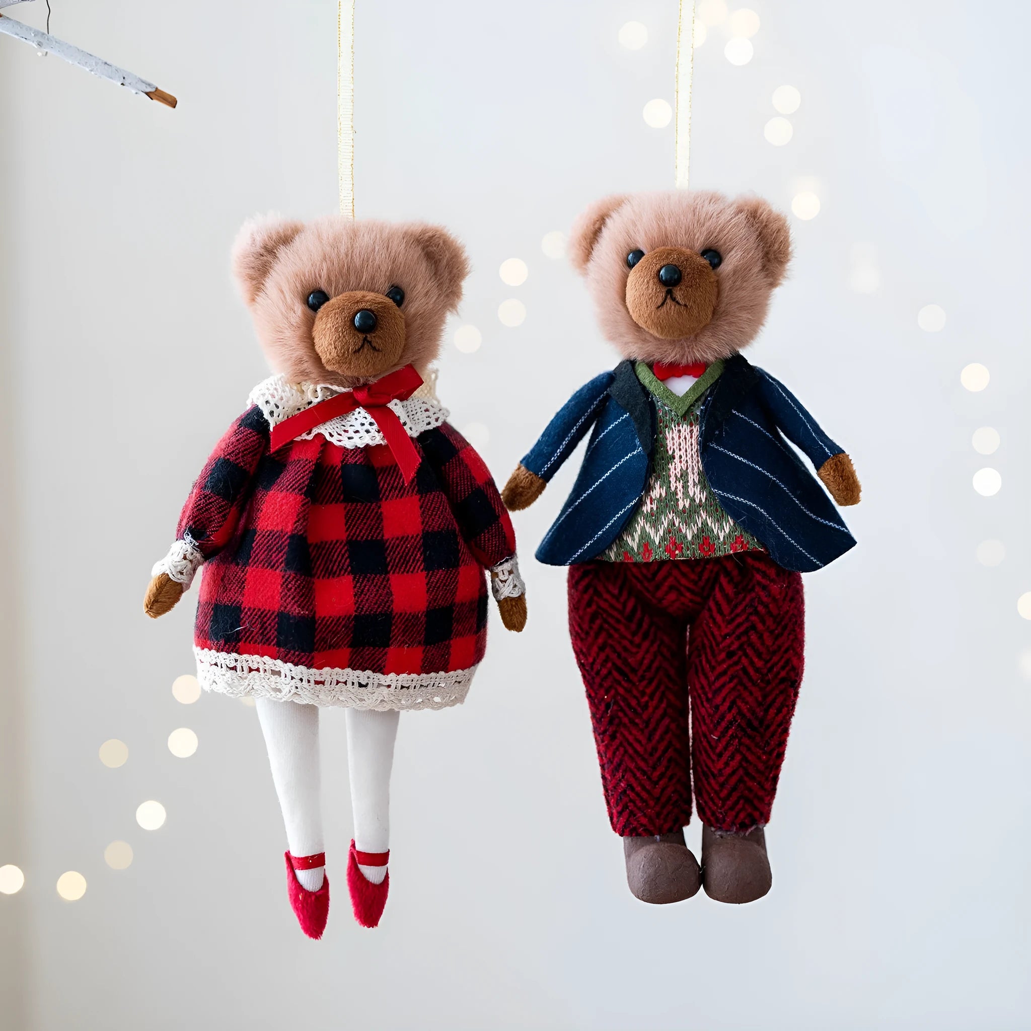 Cartoon plush bear doll couple in cotton plaid suits, showing gentleman bear and princess bear side by side