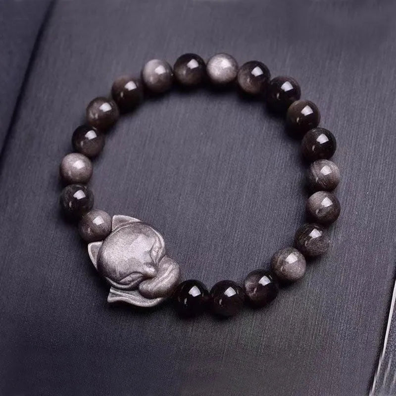 Obsidian fox bracelet with 8mm polished stone beads and detailed fox charm pendant