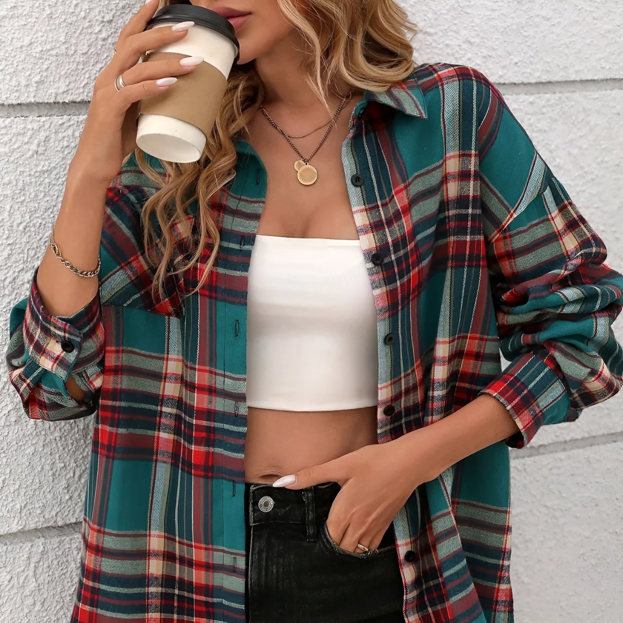 Women's loose-fit long sleeve plaid shirt in cotton, shown in black, green, and purple colour options.