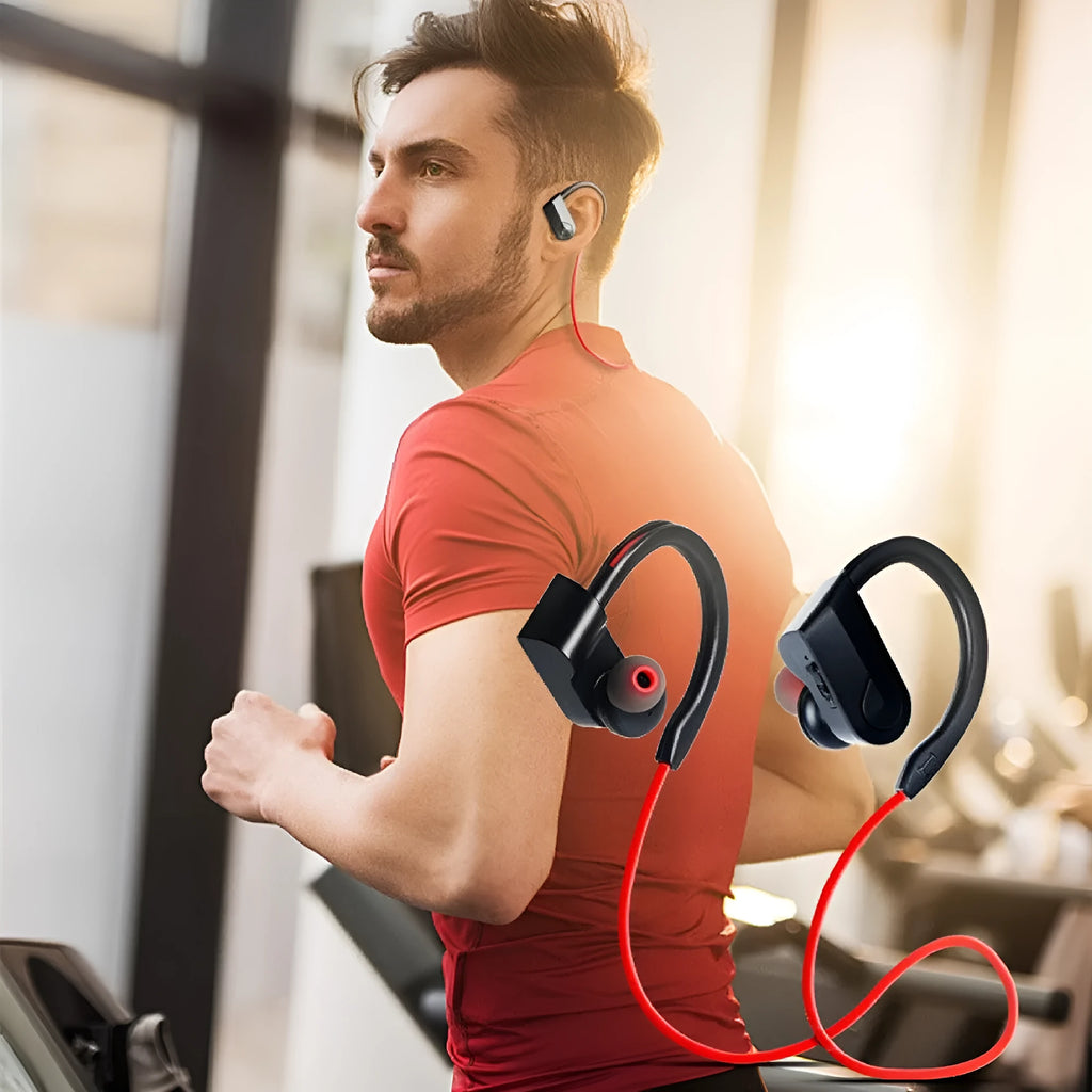 Wireless neckband Bluetooth earphones in black, blue, or red colours showing earbuds and neck mount.