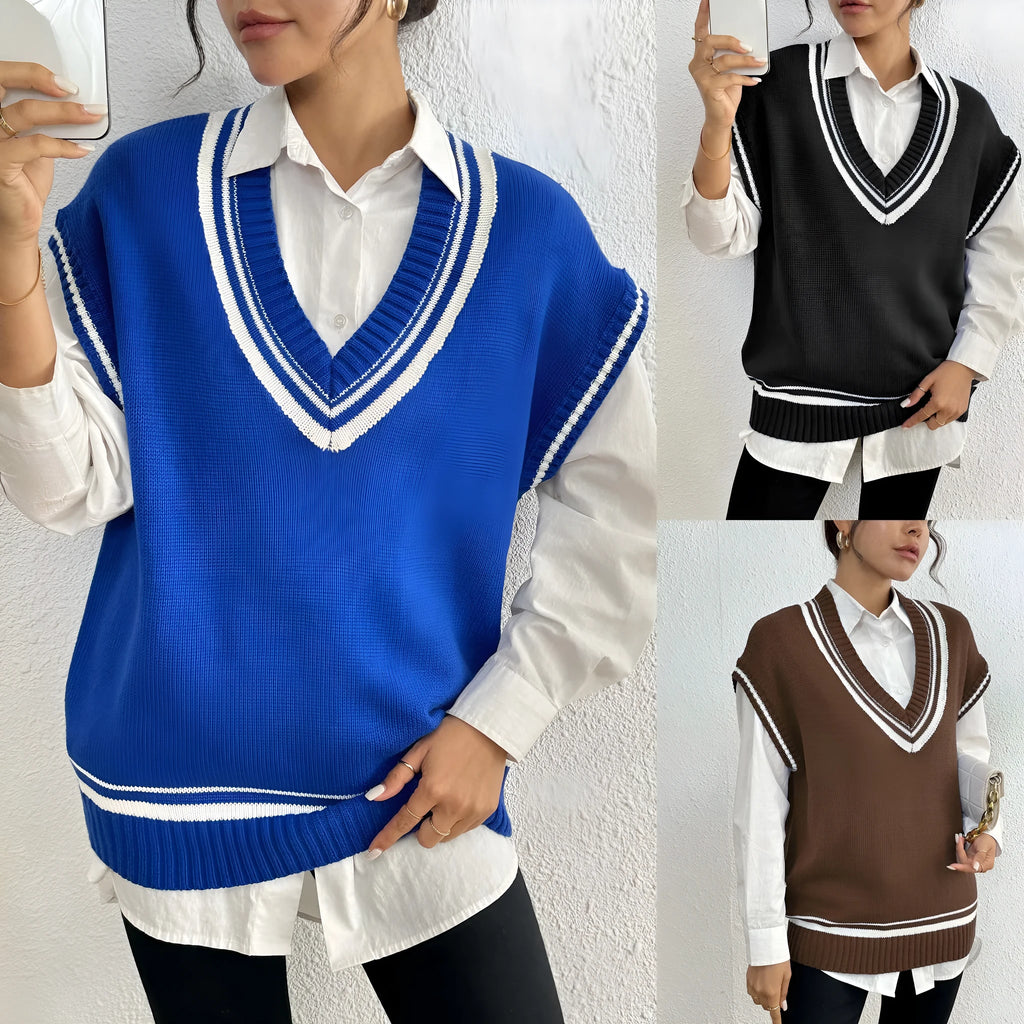 Women's college style wool vest sweater in acrylic-polyester blend available in black, blue, coffee colours