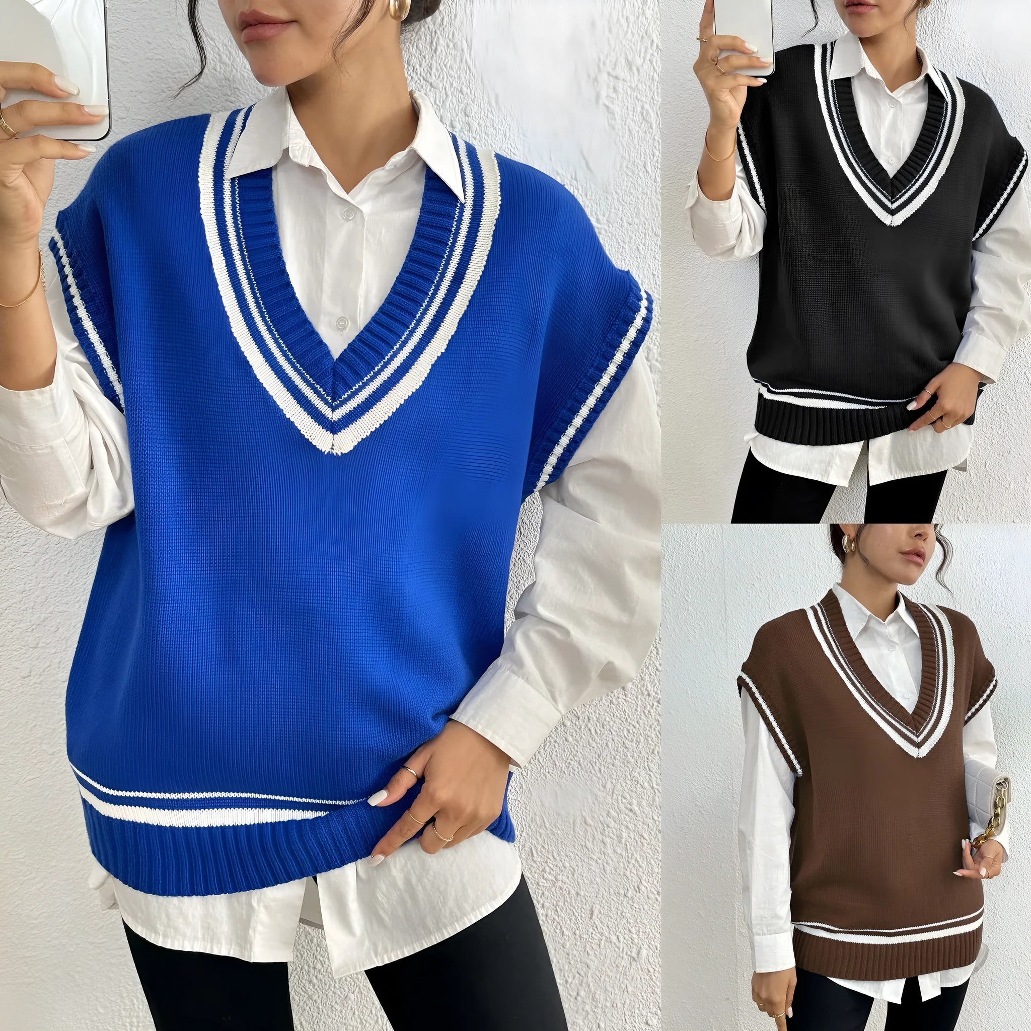 Women's college style wool vest sweater in acrylic-polyester blend available in black, blue, coffee colours