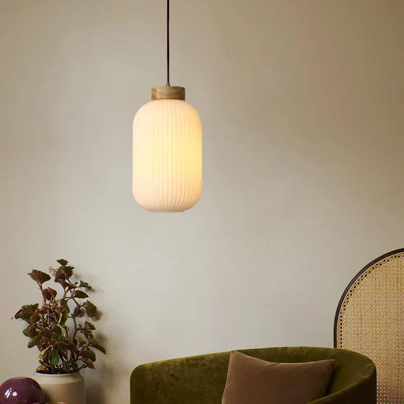 Chinese wooden pendant light with bamboo frame in retro bedroom setting showing three size options