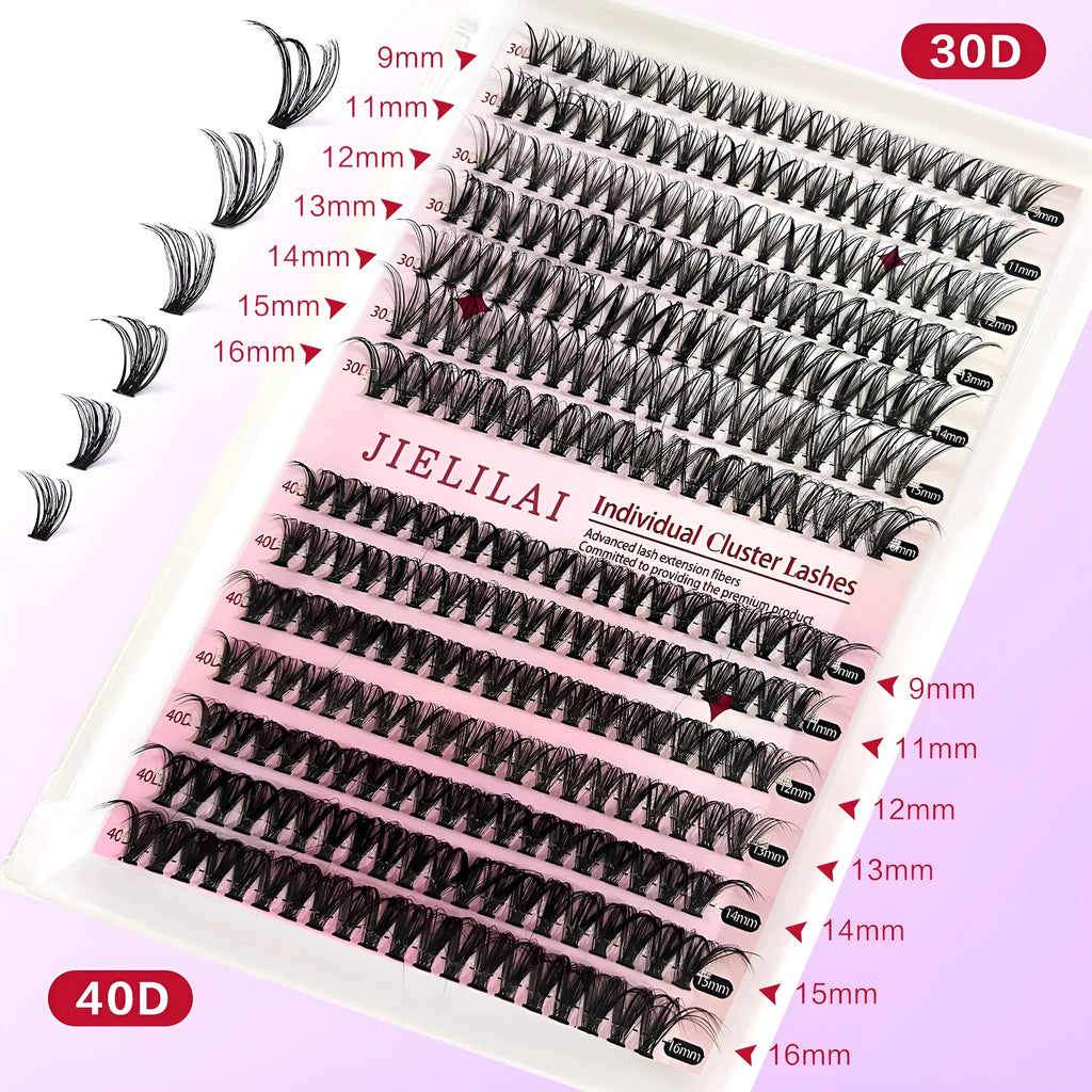 DIY cluster lashes mixed package showing 30D and 40D false eyelashes with tweezers