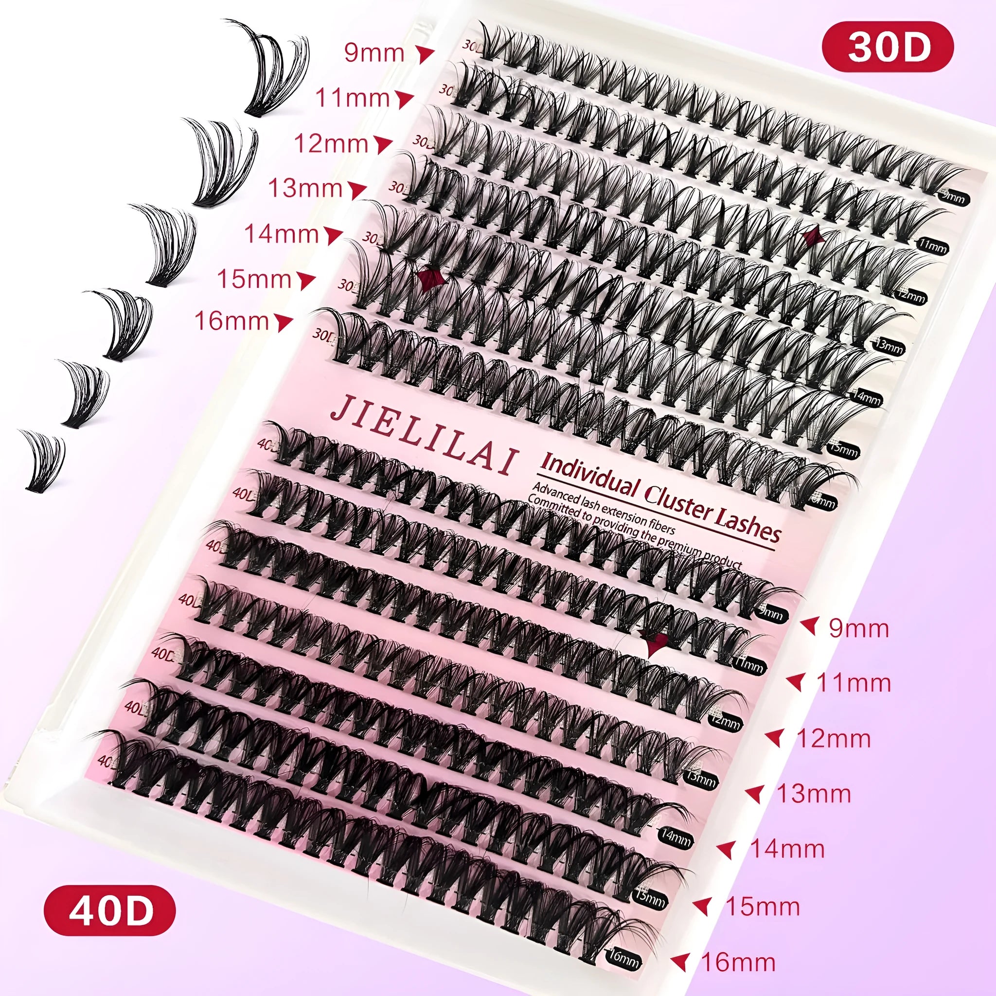 DIY cluster lashes mixed package showing 30D and 40D false eyelashes with tweezers