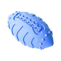 Thick rubber rugby ball dog toy in light green or sapphire blue with vocal sound feature
