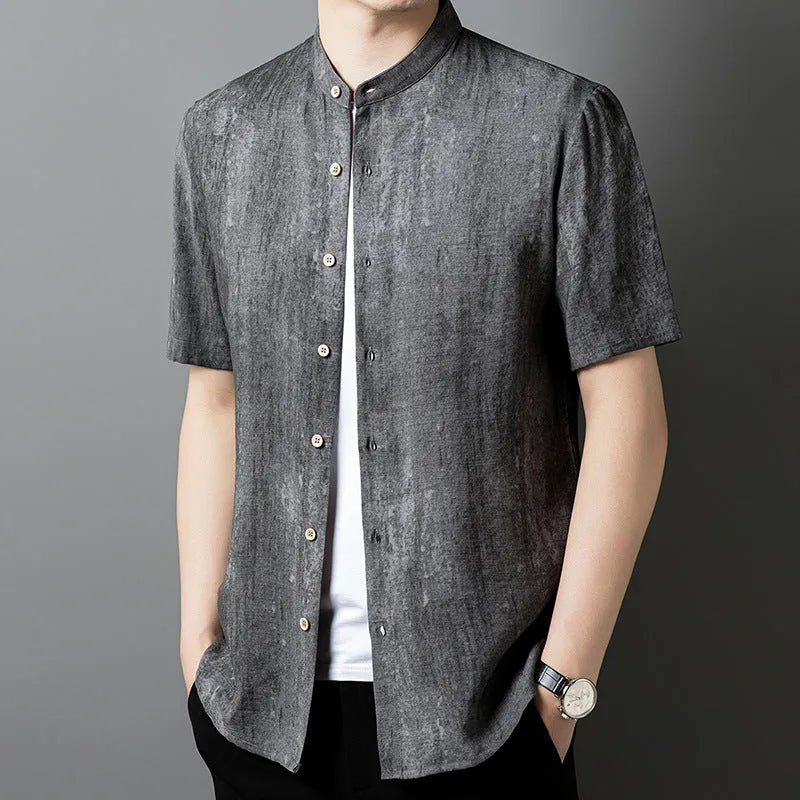 Men's loose-fit linen cardigan-style short sleeve shirt in solid black grey colour.
