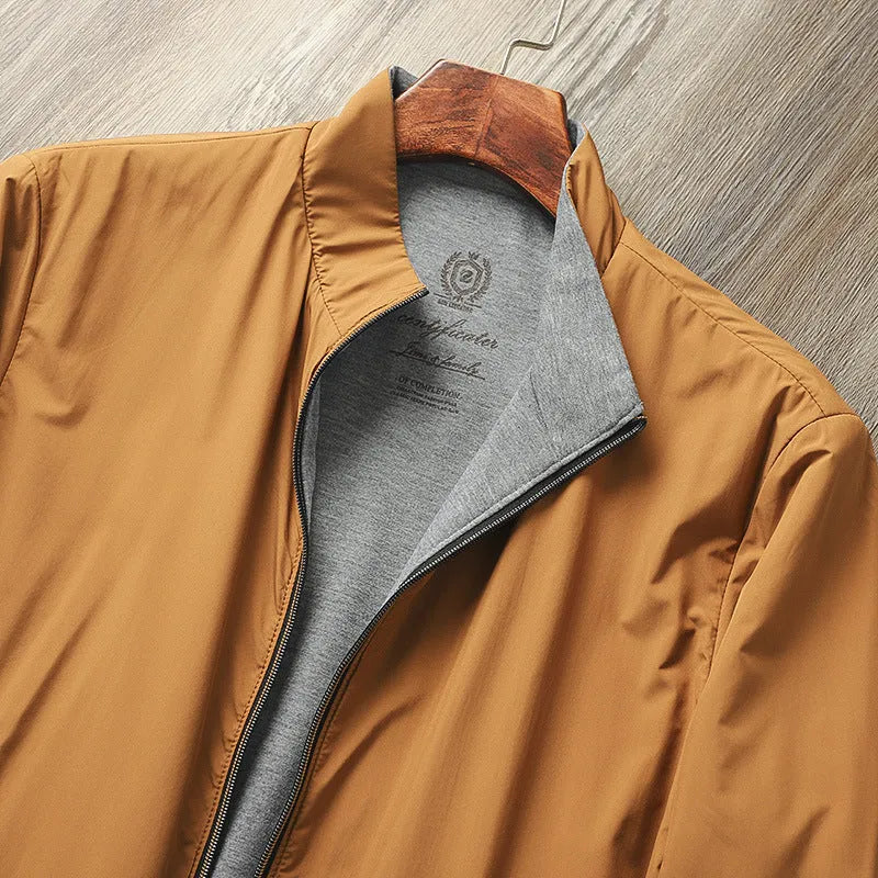 Men's simple stand collar jacket in polyester blend, shown in army green colour.