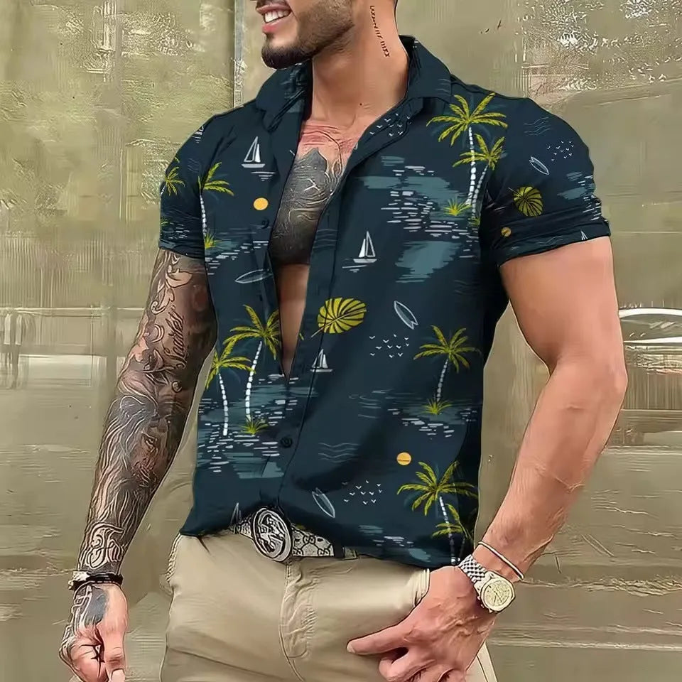 Man wearing a loose-fitting, short-sleeve floral print shirt in a cardigan style against a summer background.
