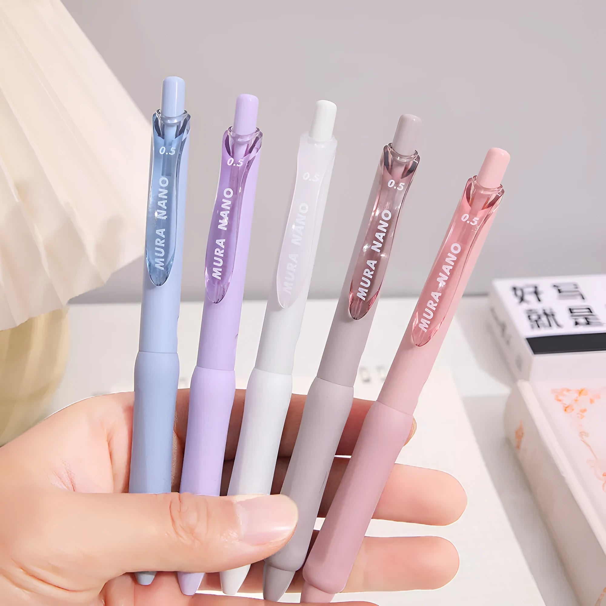 Macaron colour press gel pen with 0.5mm tip in smoked white, brown and powder options