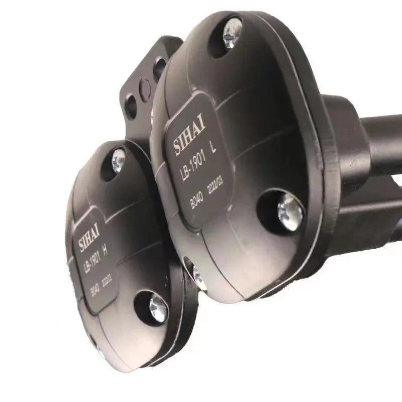 Black dual trumpet air horn kit for 12V and 24V vehicle systems