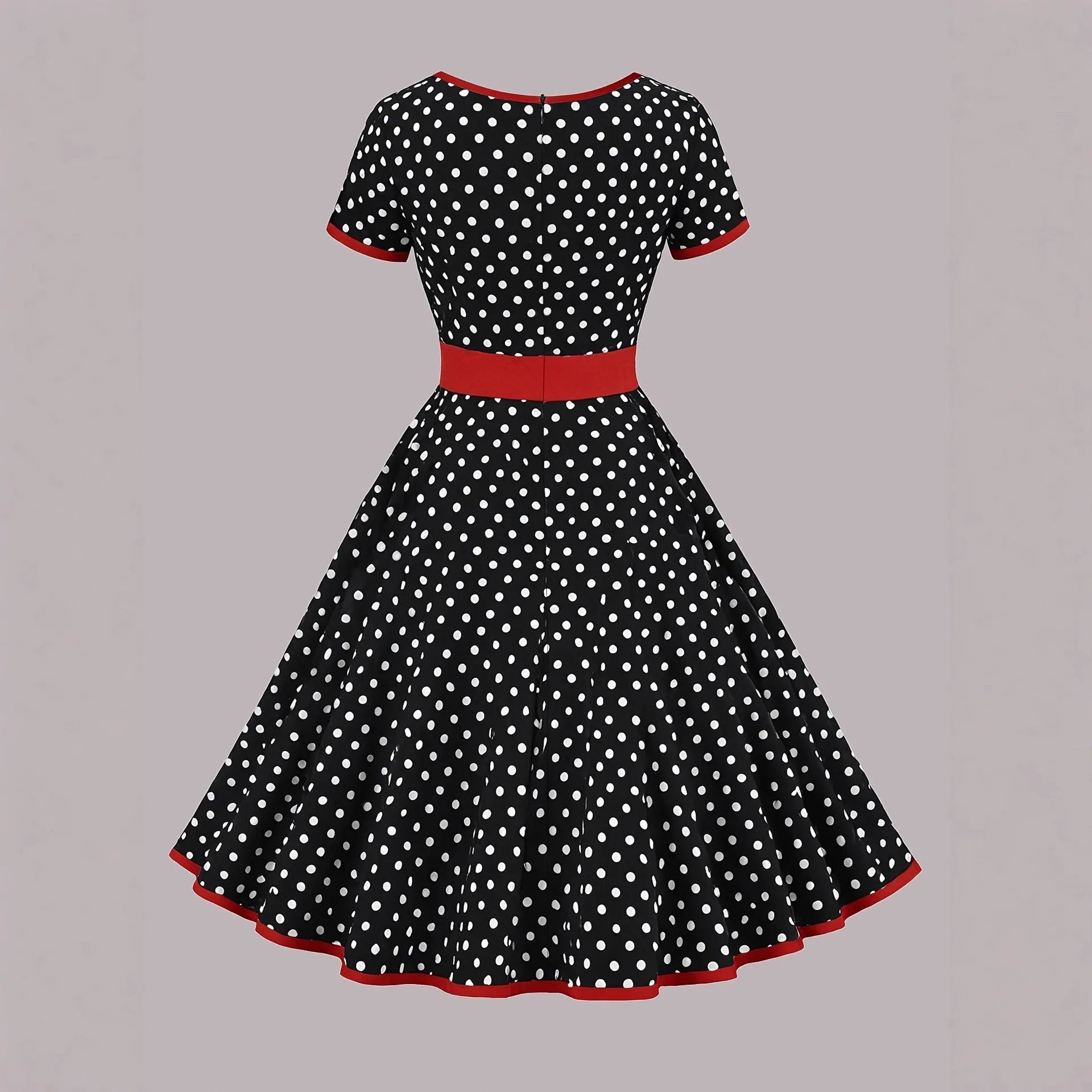 Multicolour polka dot pleated dress with a square collar and short sleeves.