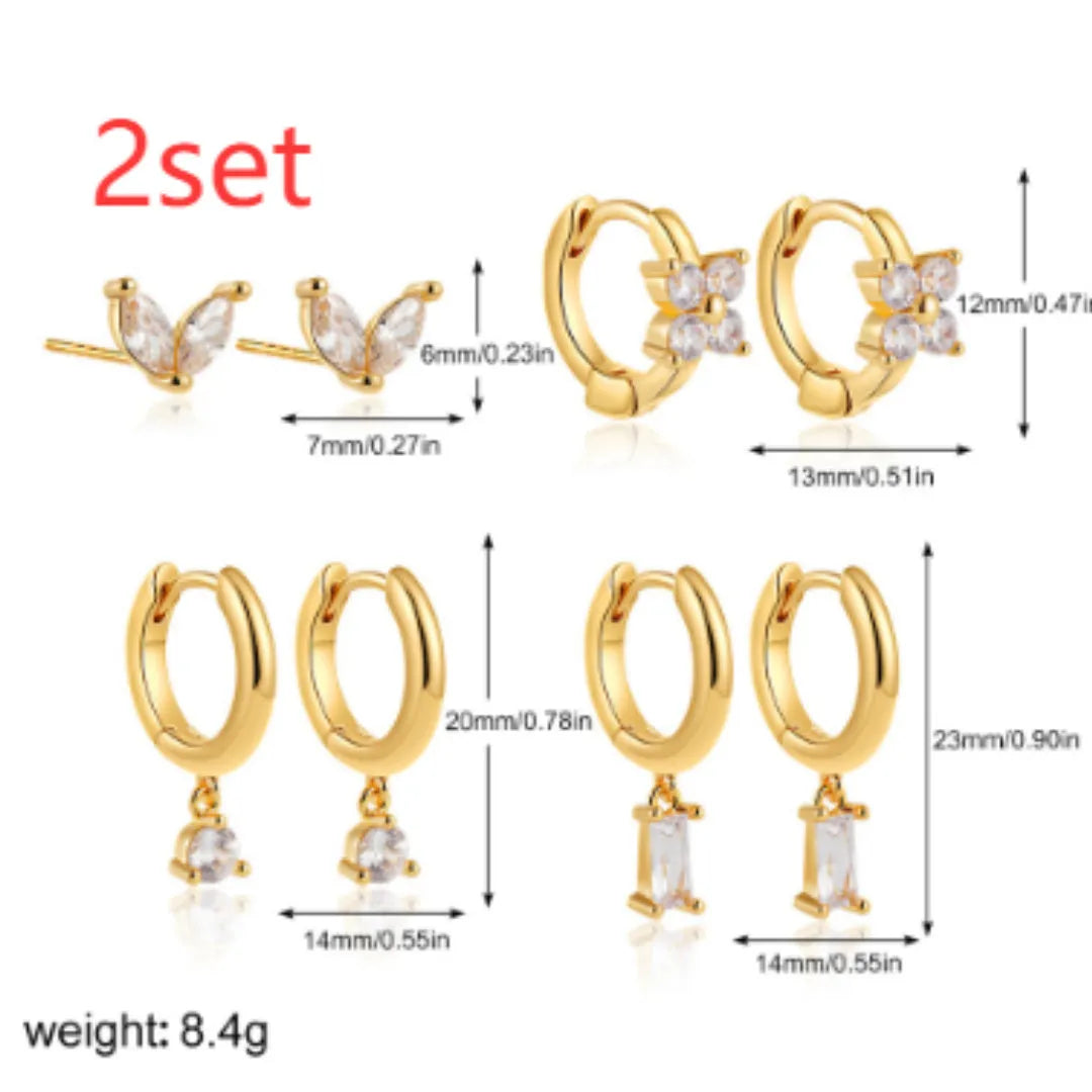 Four geometric copper earrings with zircon stones in gold or silver electroplated finish