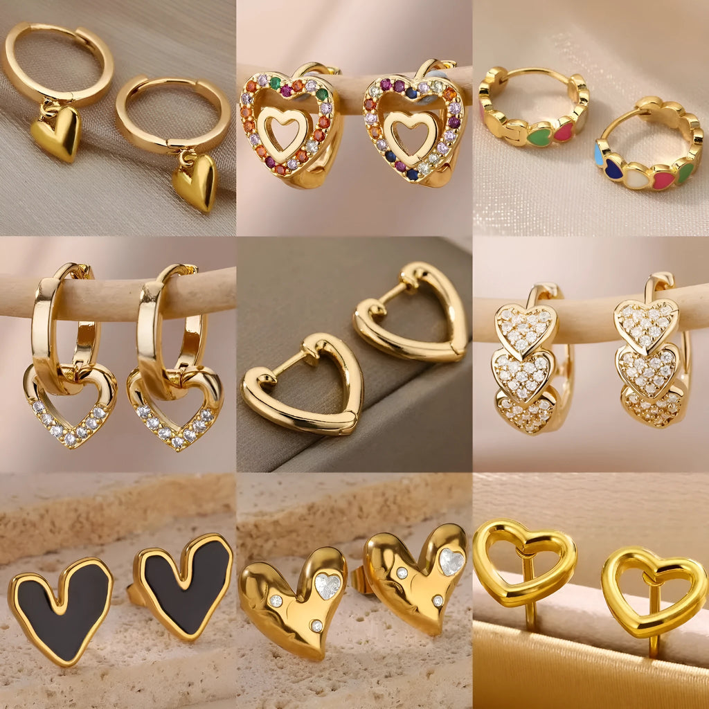 Heart shaped stainless steel clip on earrings with 18K gold plating and zircon stones for women