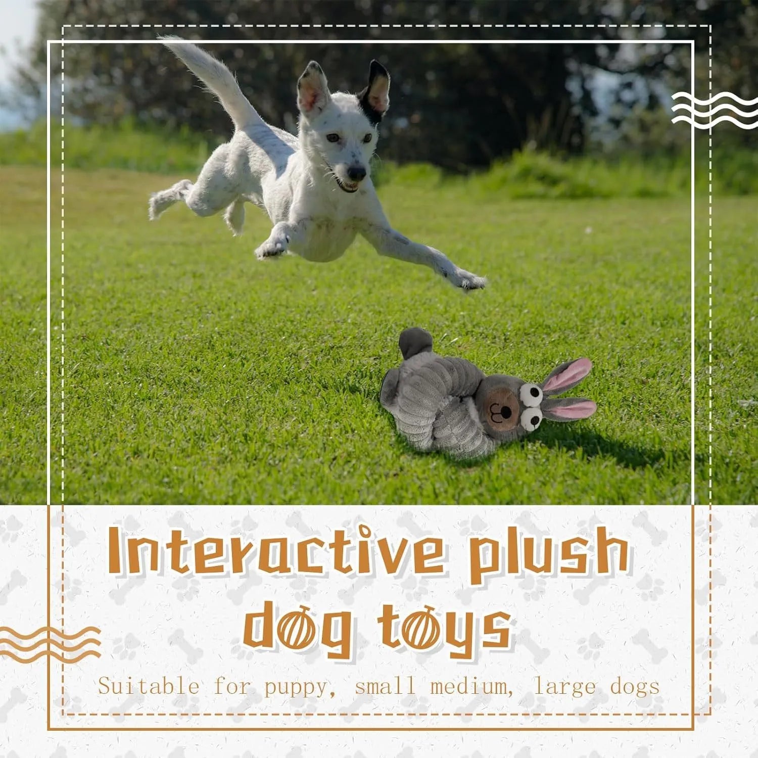Plush squeaky dog toy with crinkle sounds in brown, grey or yellow colours for interactive pet play