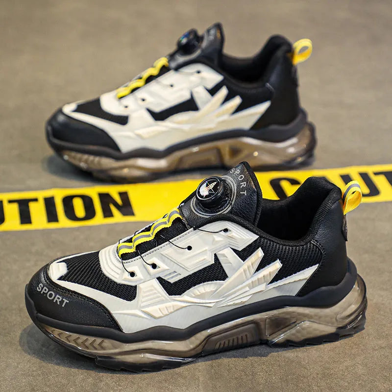 Men's black casual shoes with rotating button fastening and elevator platform soles