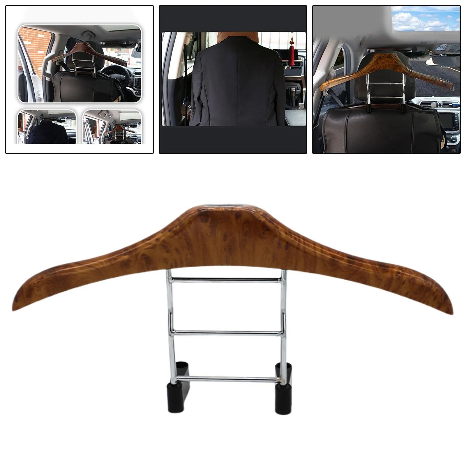 Wood yellow stainless steel car mounted clothes hanger measuring 46.5 by 23 cm for hanging suits and jackets