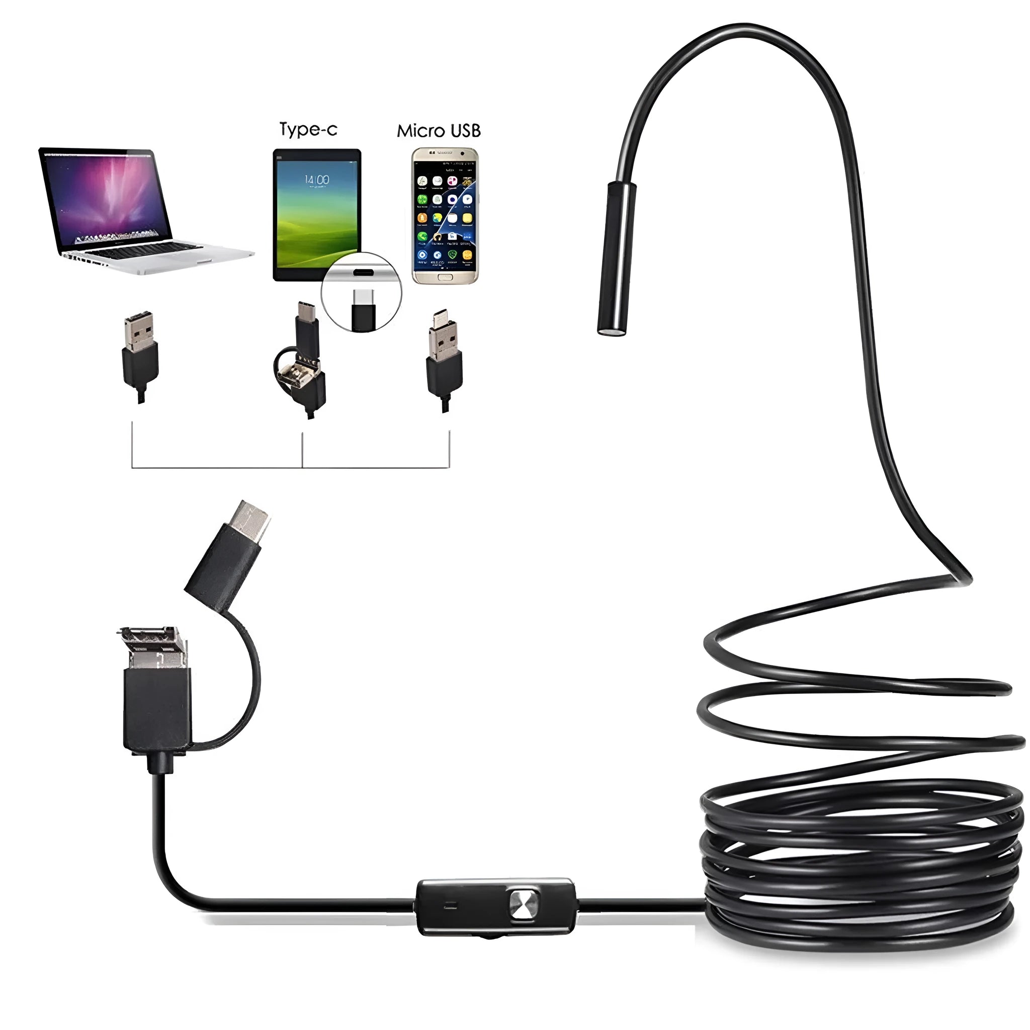 Android mobile phone endoscope with USB cable, waterproof IP67 camera head, and side mirror, hook, and magnet attachments.