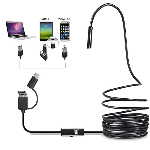 Android mobile phone endoscope with USB cable, waterproof IP67 camera head, and side mirror, hook, and magnet attachments.