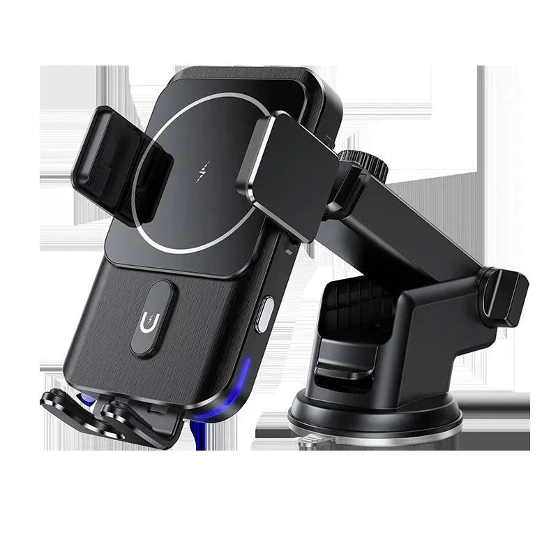 Black car wireless charger phone holder with 15W charging and suction cup or clip mounting options