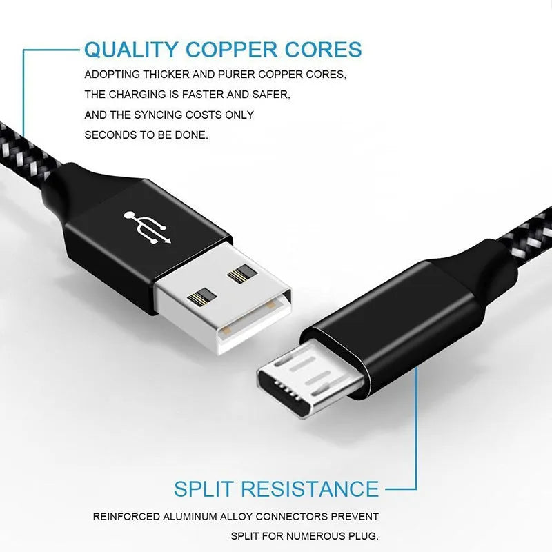 Braided micro USB charging cable for Android phones in black with colour accents