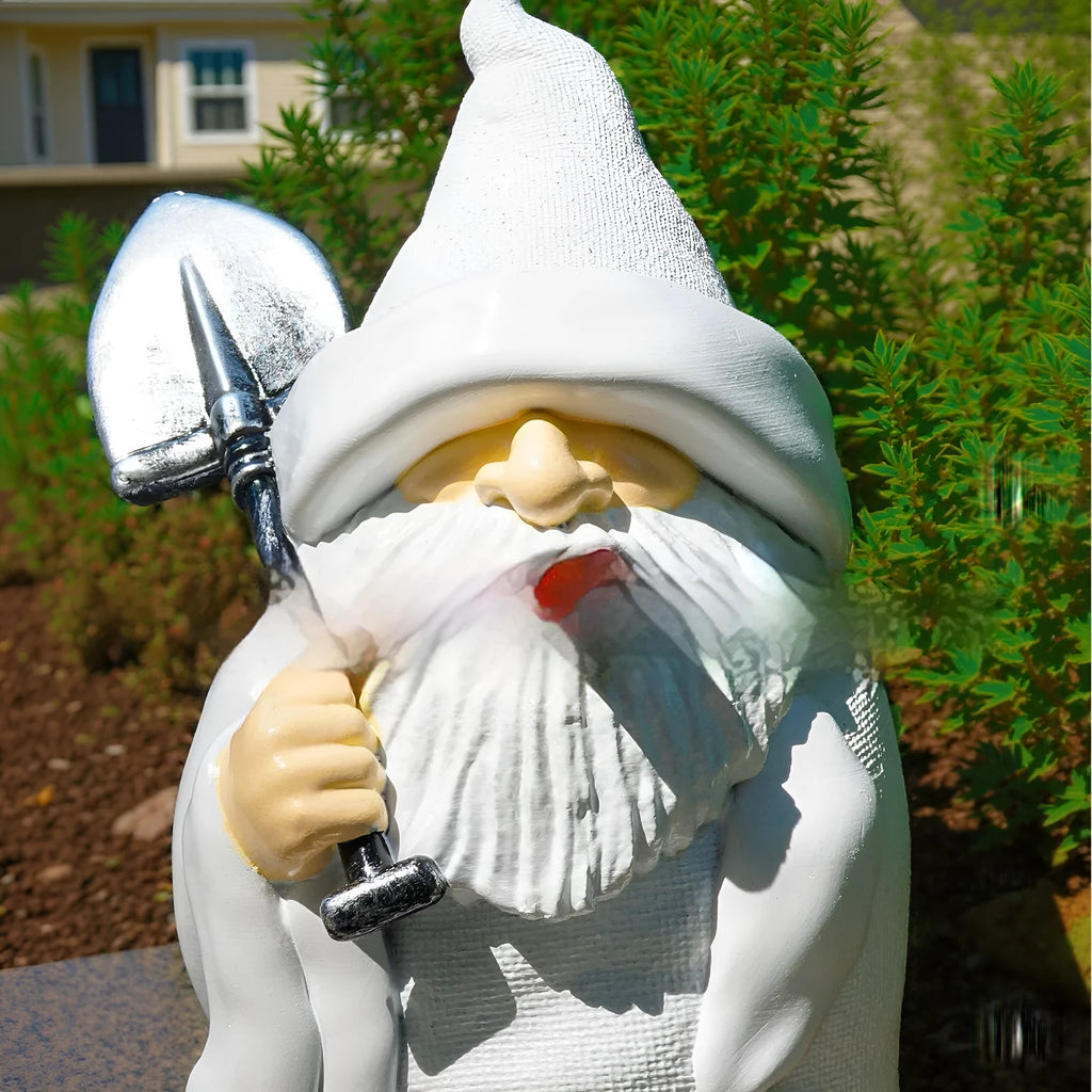 Christmas resin craft ornament showing smoking shovel dwarf figurine for garden-themed festive decoration