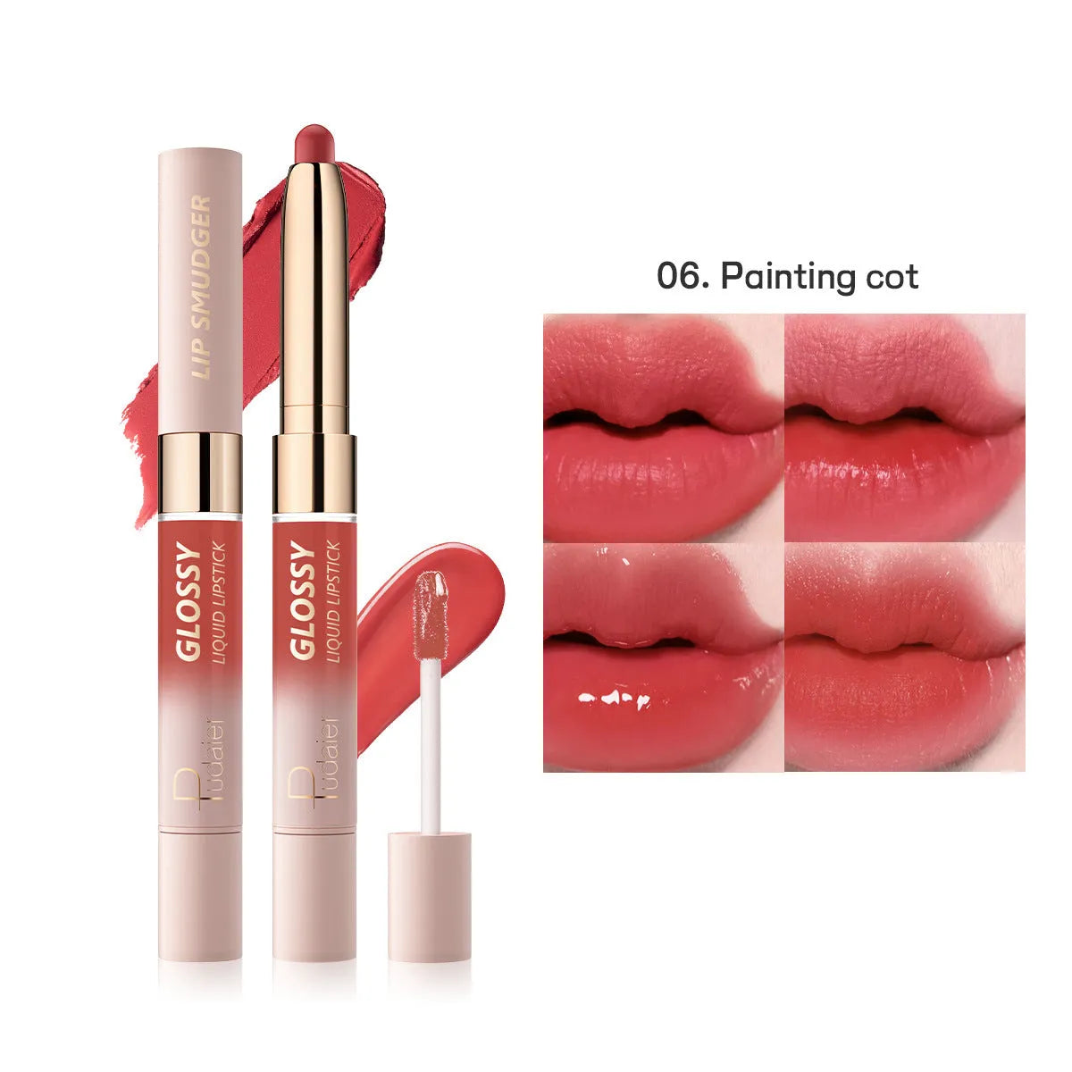 Double-headed lipstick and lip gloss in matte finish showing 10 colour options numbered 01 to 10