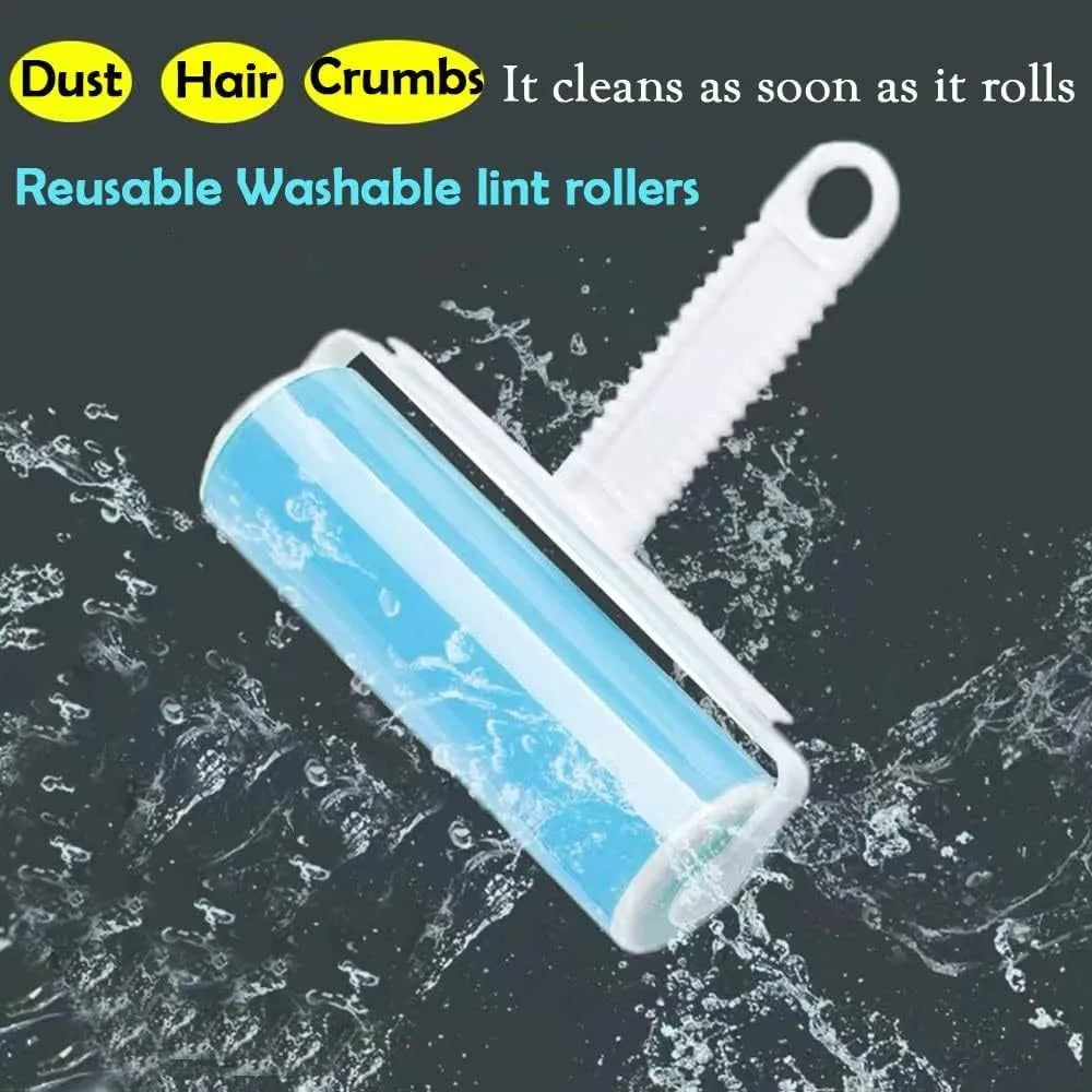 Blue reusable washable lint roller with cover for removing pet hair from clothes and furniture.