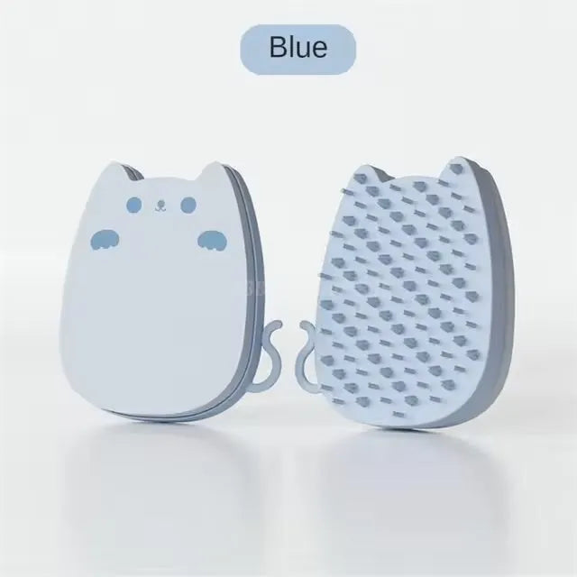 Brown blue green sponge silicone pet grooming comb for cats and dogs measuring 11.5 by 10 centimetres