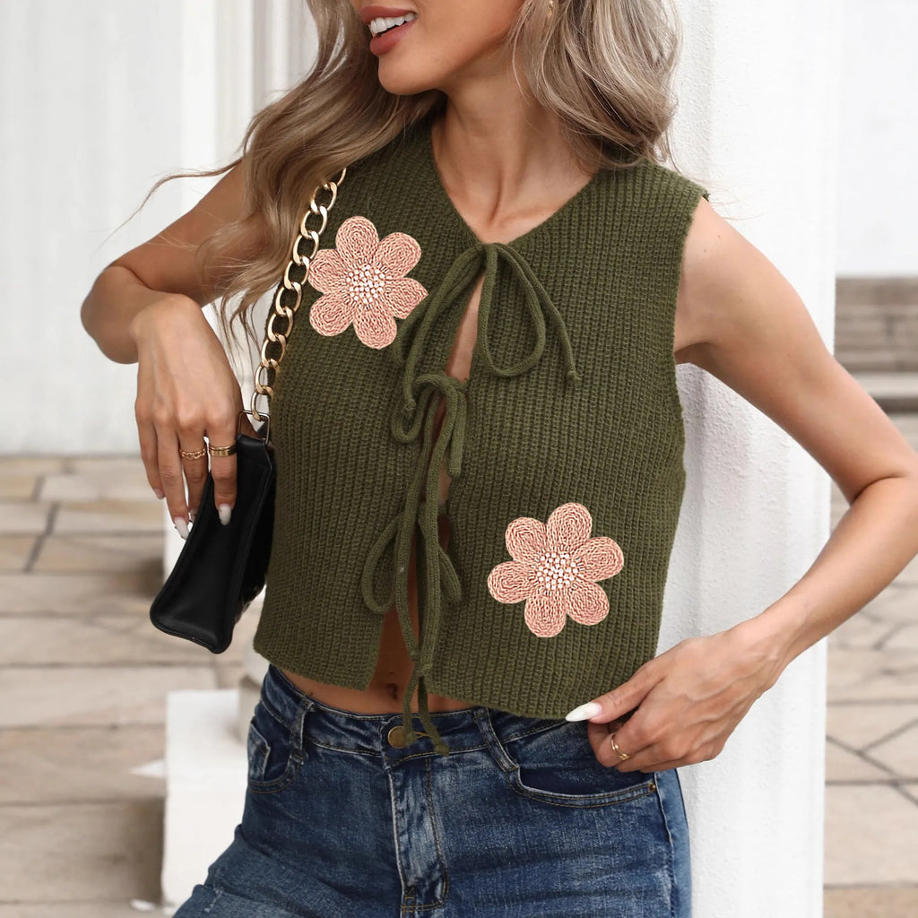 Women's lace-up cardigan vest in deer plush polyester fabric with floral pattern and adjustable straps