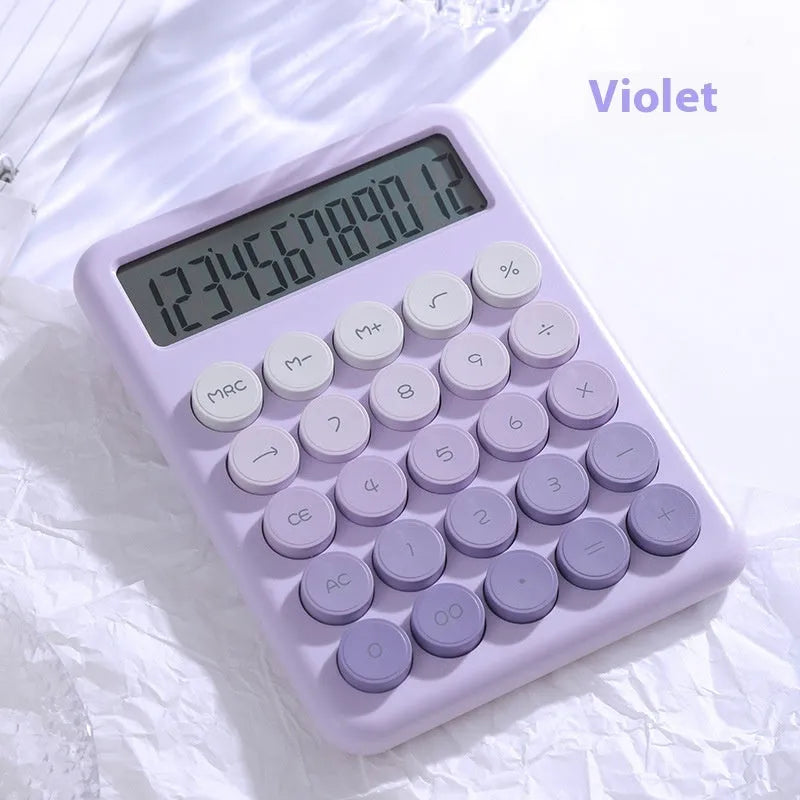 Desk calculator with gradient colour design in violet, pink, blue, or green on a white background.