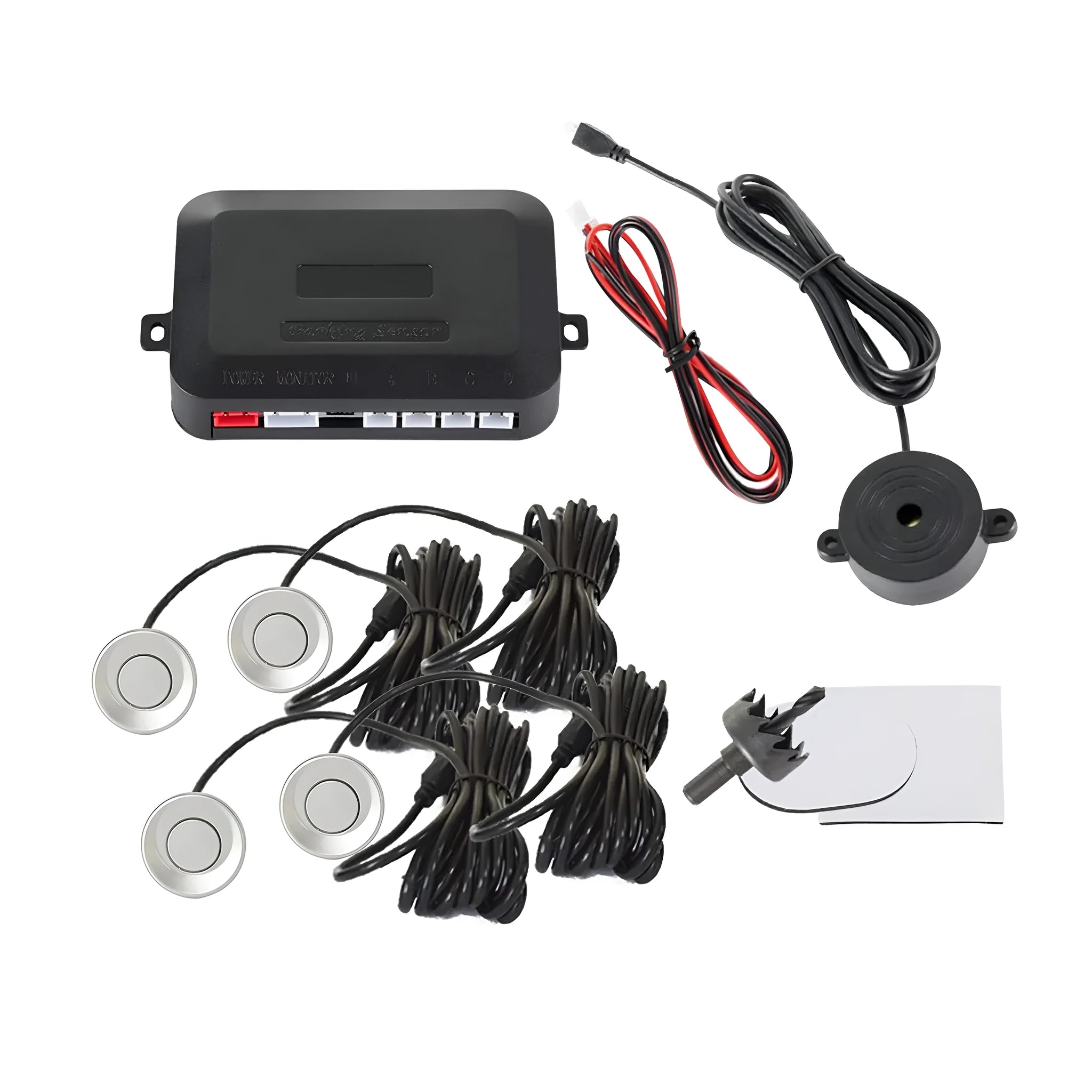 4-probe car reversing radar system with buzzer module, sensors, and installation tools