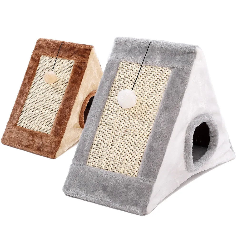 Triangular cat bed with fur covering in gray white or light brown beige colors featuring a scratching surface