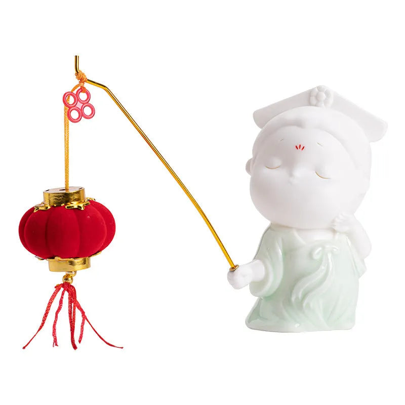 Ceramic little female court attendant incense burner decoration in cute style.