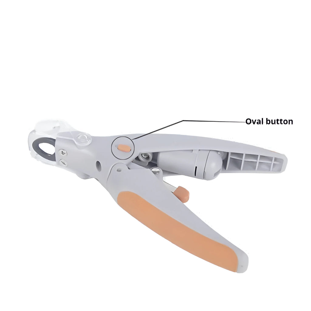 White ABS plastic dog nail clipper with LED light and red imitation blood line guide.