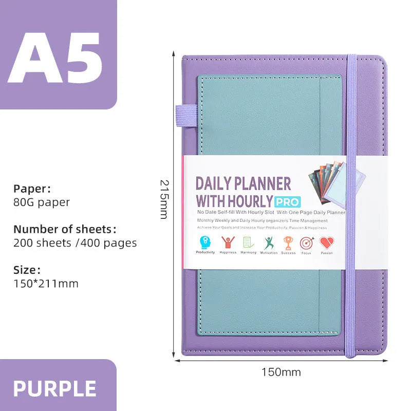 Creative trend notebook with PU cover, open to show undated strap and wood-free paper, with colour options displayed.