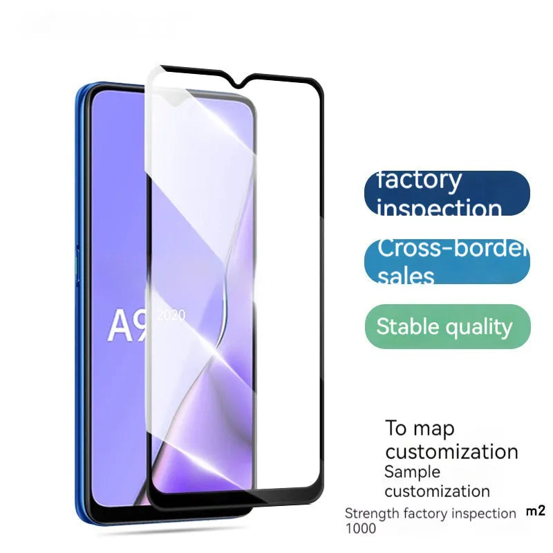 OPPO A9 2020 full glue black tempered glass screen protector shown on a phone.