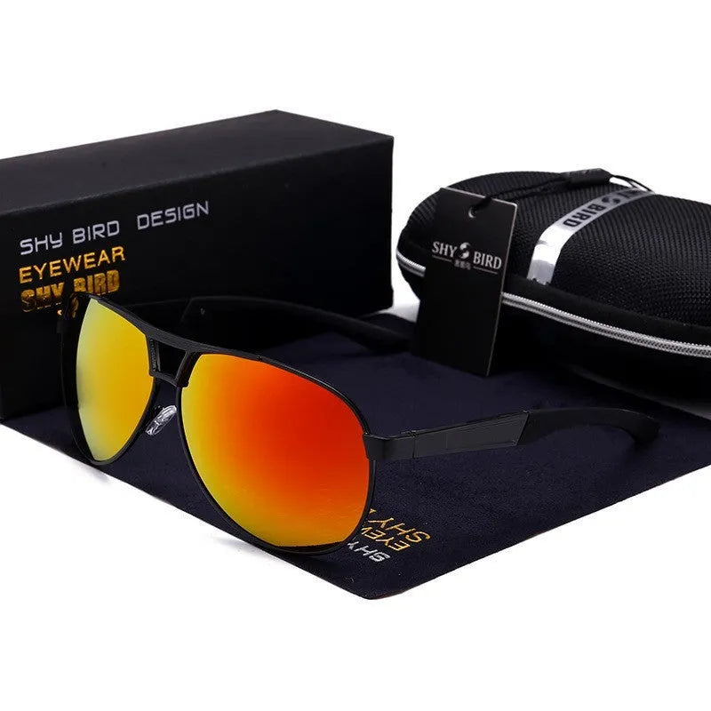 Men's orange red polarised aviator sunglasses with metal frame and HD lenses
