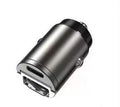 Black car cigarette lighter charger with dual USB ports and voltage display measuring 45x20.7mm